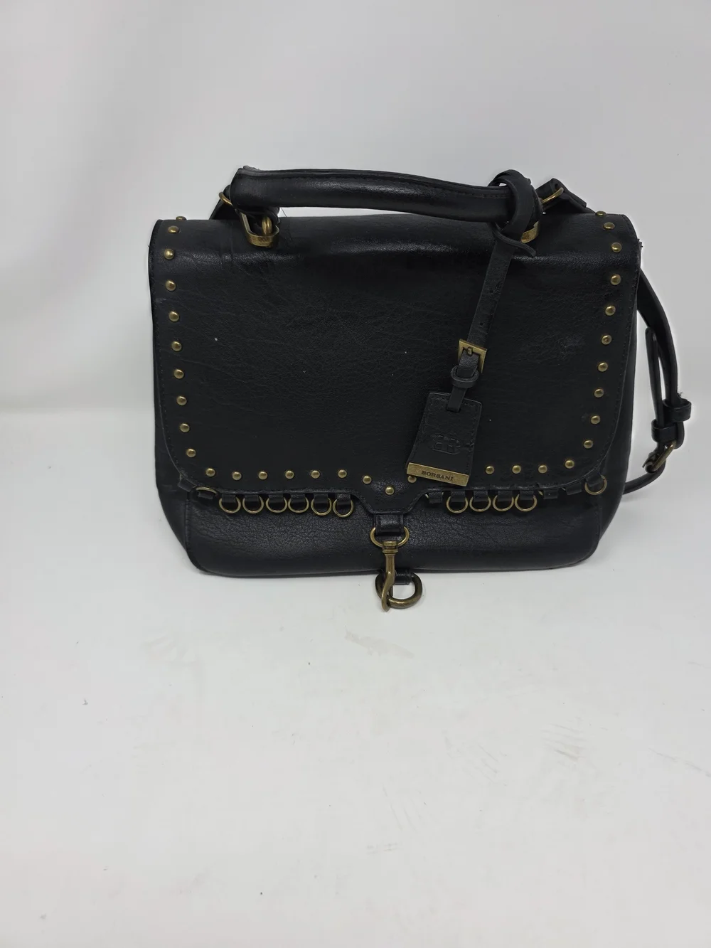 BORSANI Black Studded Leather Satchel Shoulder Bag Brass Ring Hardware